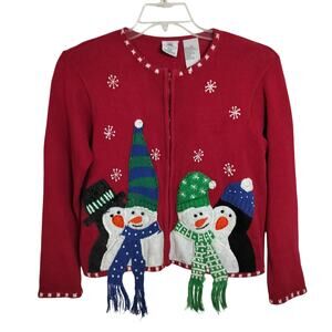 4478)Vintage Novelty Red Snowman Full Zip Knitted Christmas Sweater Tiara Girl L
